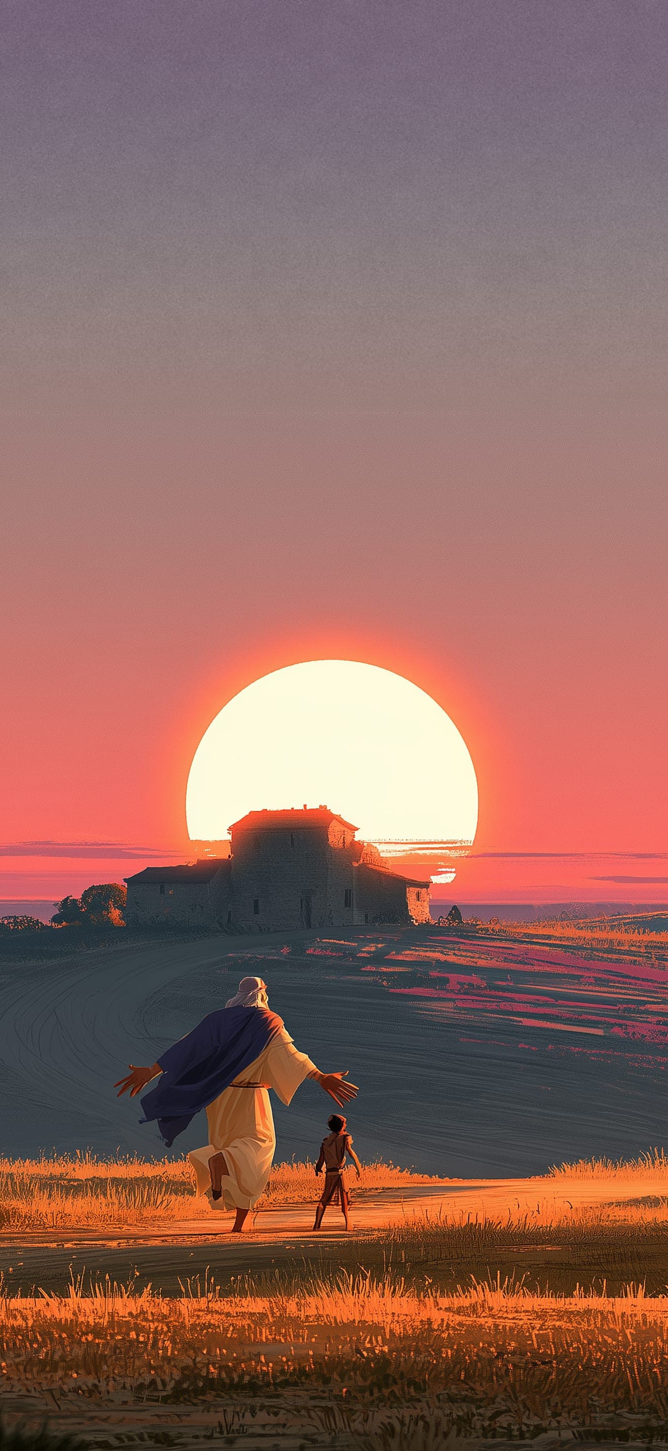 A father in a blue cloak runs with open arms toward his young son across a golden field, a farmhouse and a great setting sun behind them