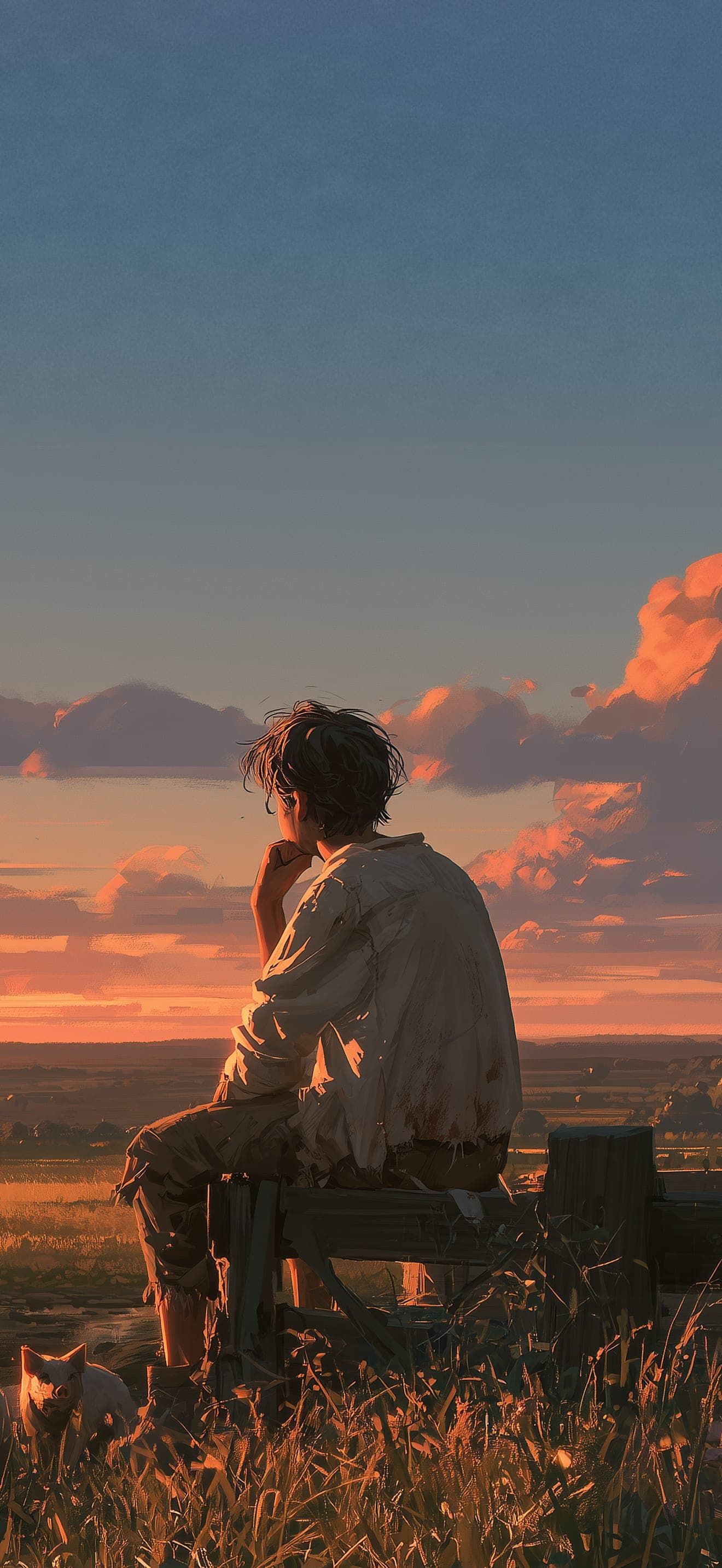 A young man in a worn shirt sits on a wooden fence beside the pigs at sundown, looking out over the fields