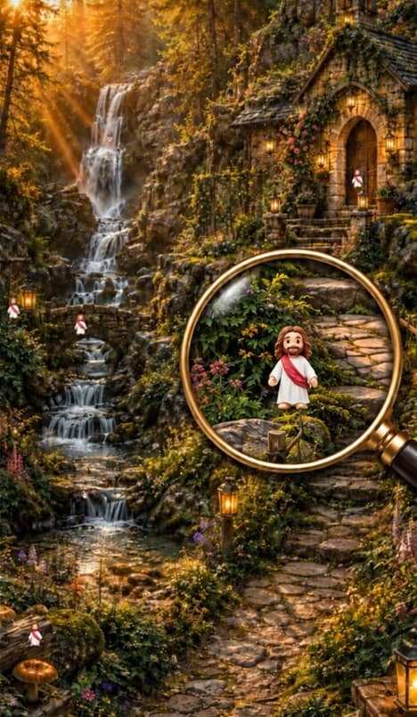 A Find Jesus scene: a forest chapel and waterfall with tiny figures of Jesus hidden throughout