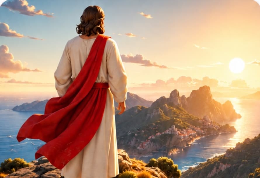 Art from the Find Jesus app: Jesus, seen from behind with a red sash, looking out over the sea at sunrise