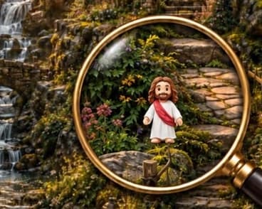 The app's gold magnifying glass reveals a small figure of Jesus hidden beside a stone path in the daily scene