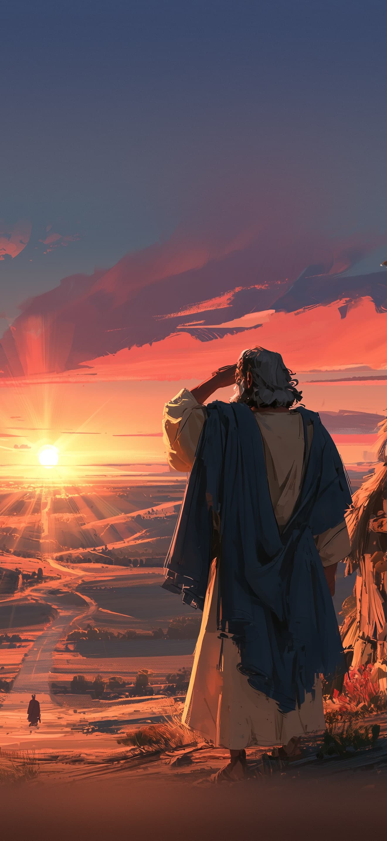 A father in a blue cloak stands at his gate at sunset, shading his eyes as he watches his son far down the road