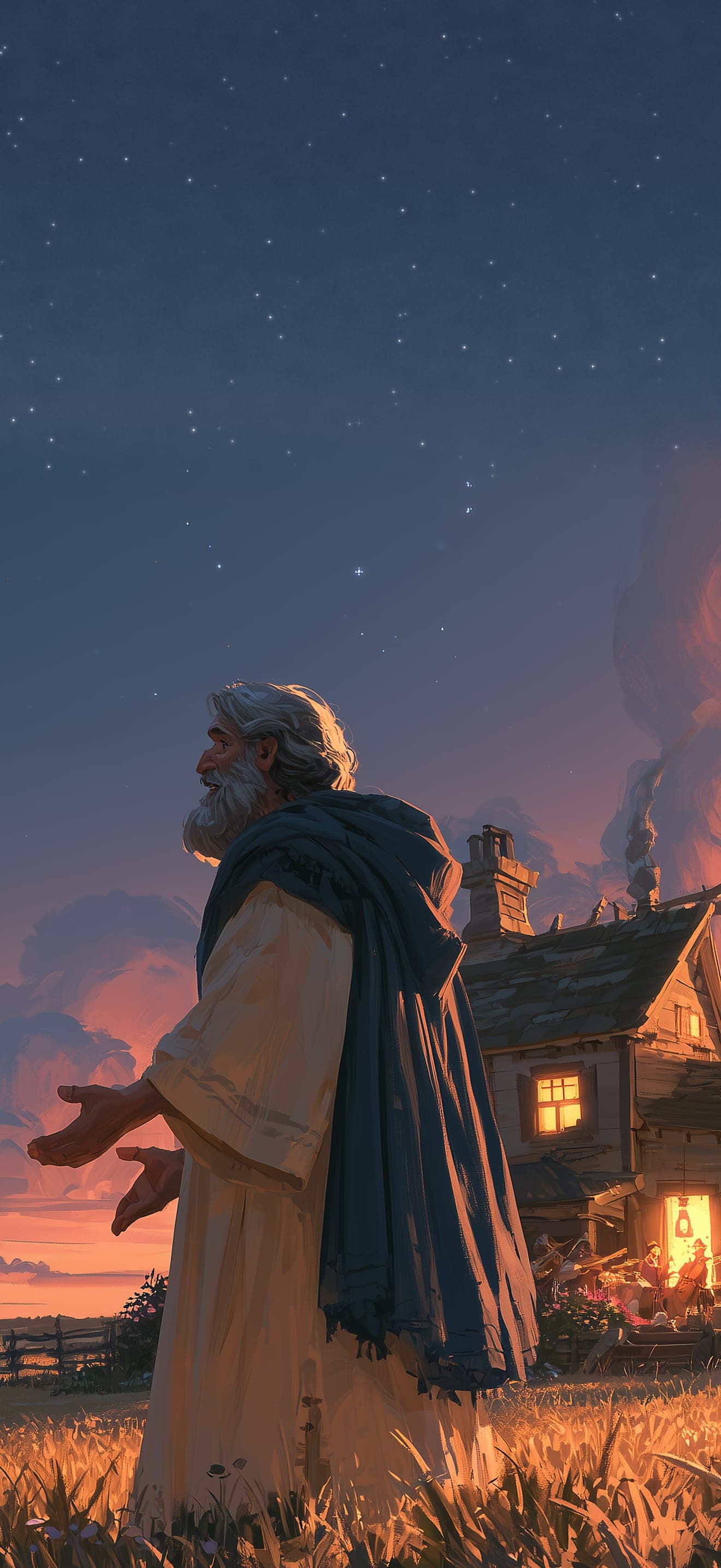 A father with a gray beard and a blue cloak holds out his hands in a field at dusk, his lit farmhouse behind him and the first stars overhead