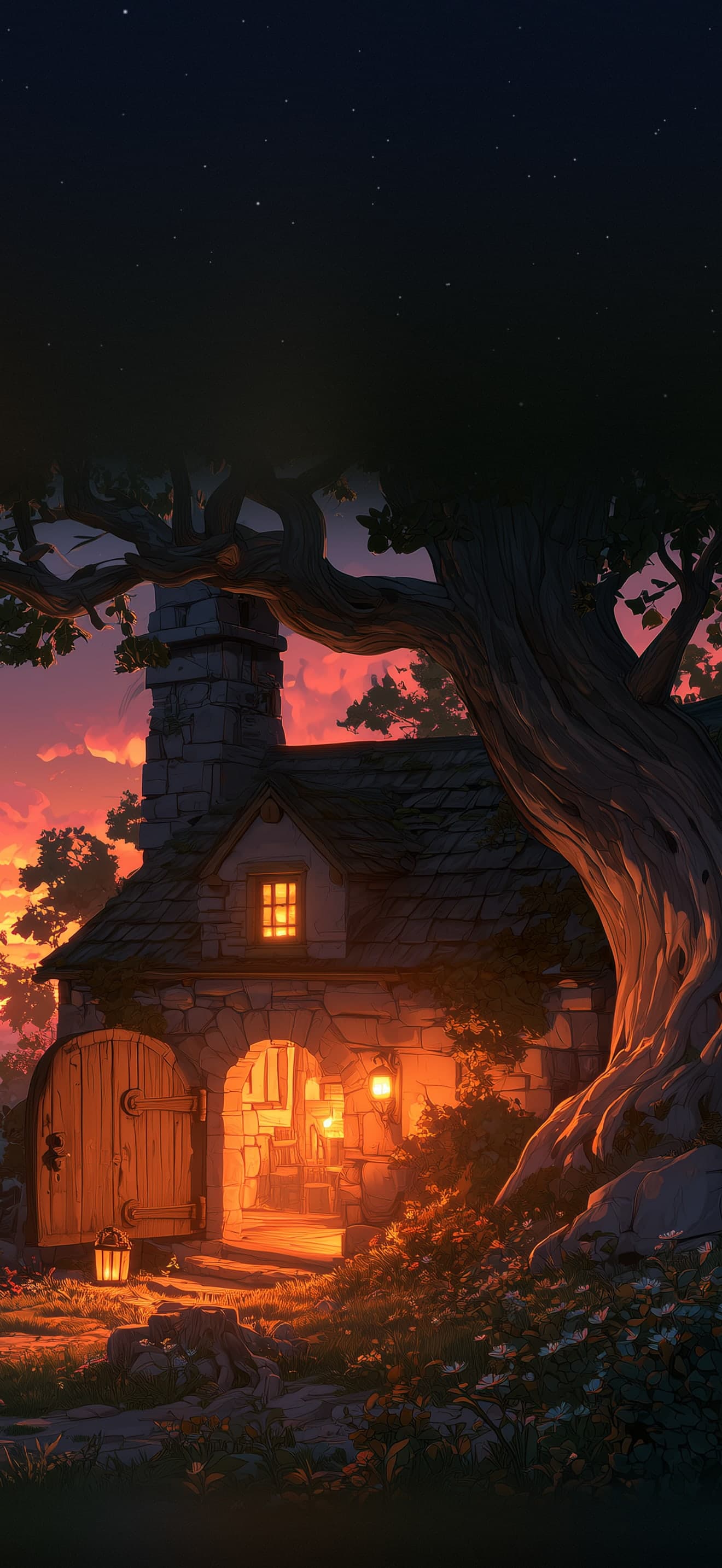 A stone cottage under a great old tree at nightfall, its wooden door open and lamplight spilling out onto the path