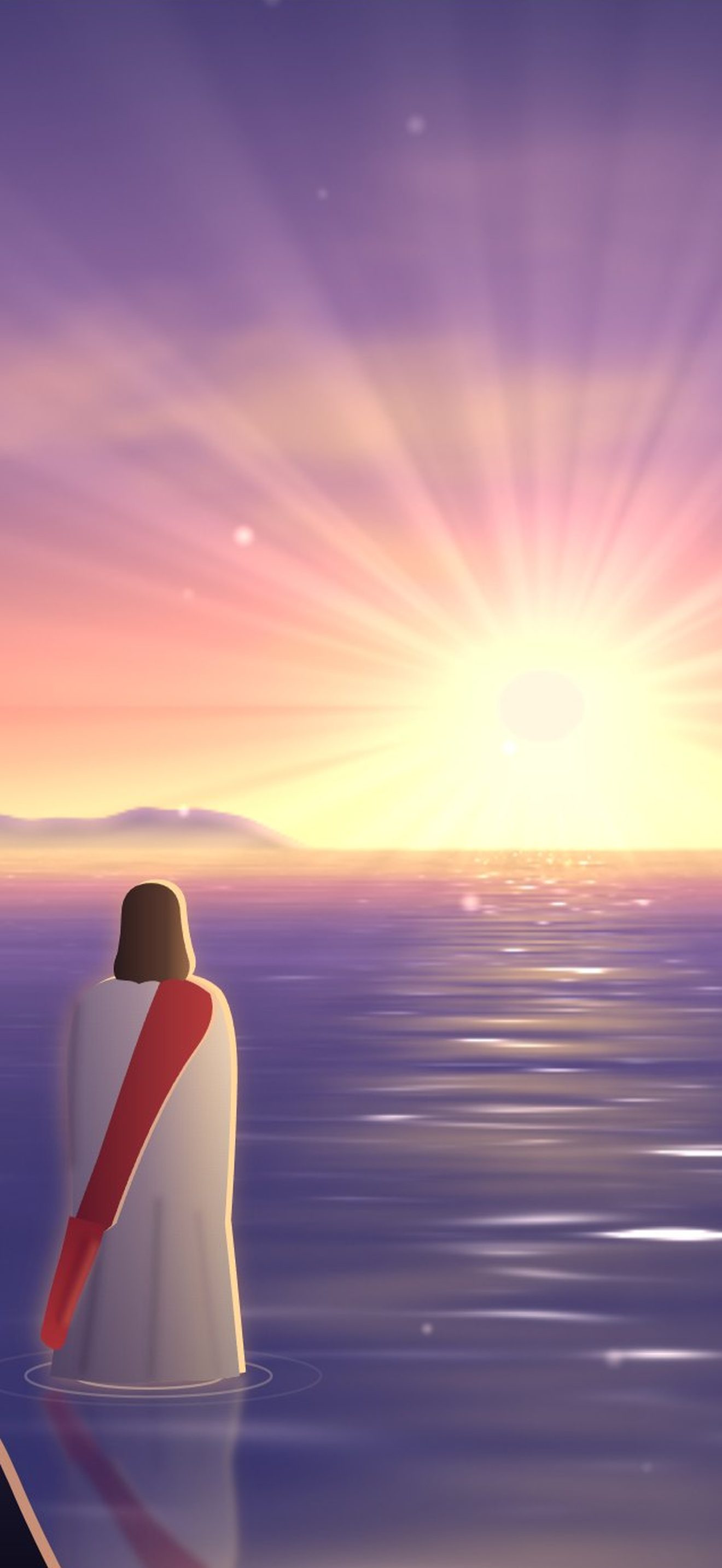 Lock-screen wallpaper for Luke 15:20: Jesus standing in the sea at sunrise, looking toward the light on the water